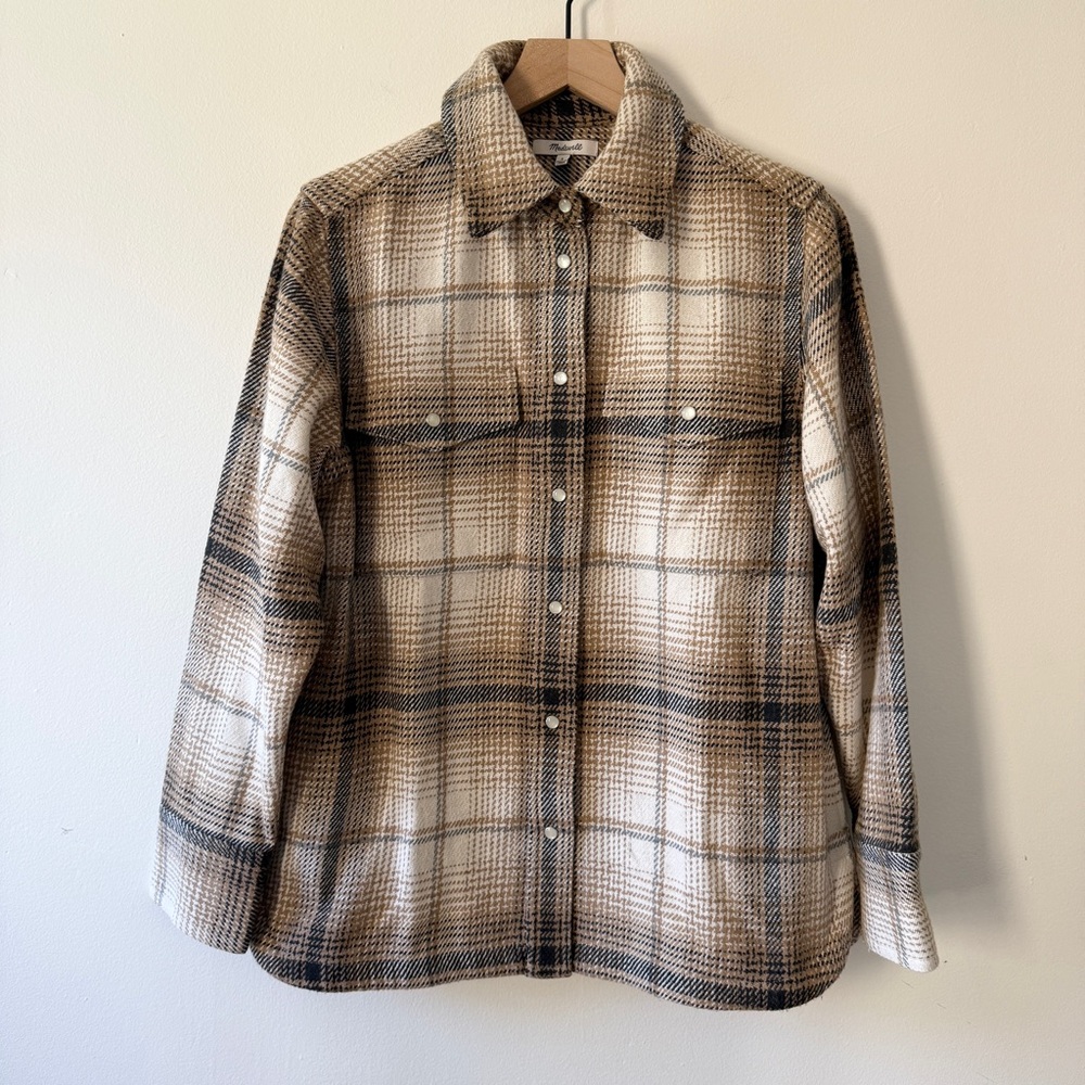 Madewell Plaid Flannel Wool Blend Button Up Shirt Jacket in Brown and Cream